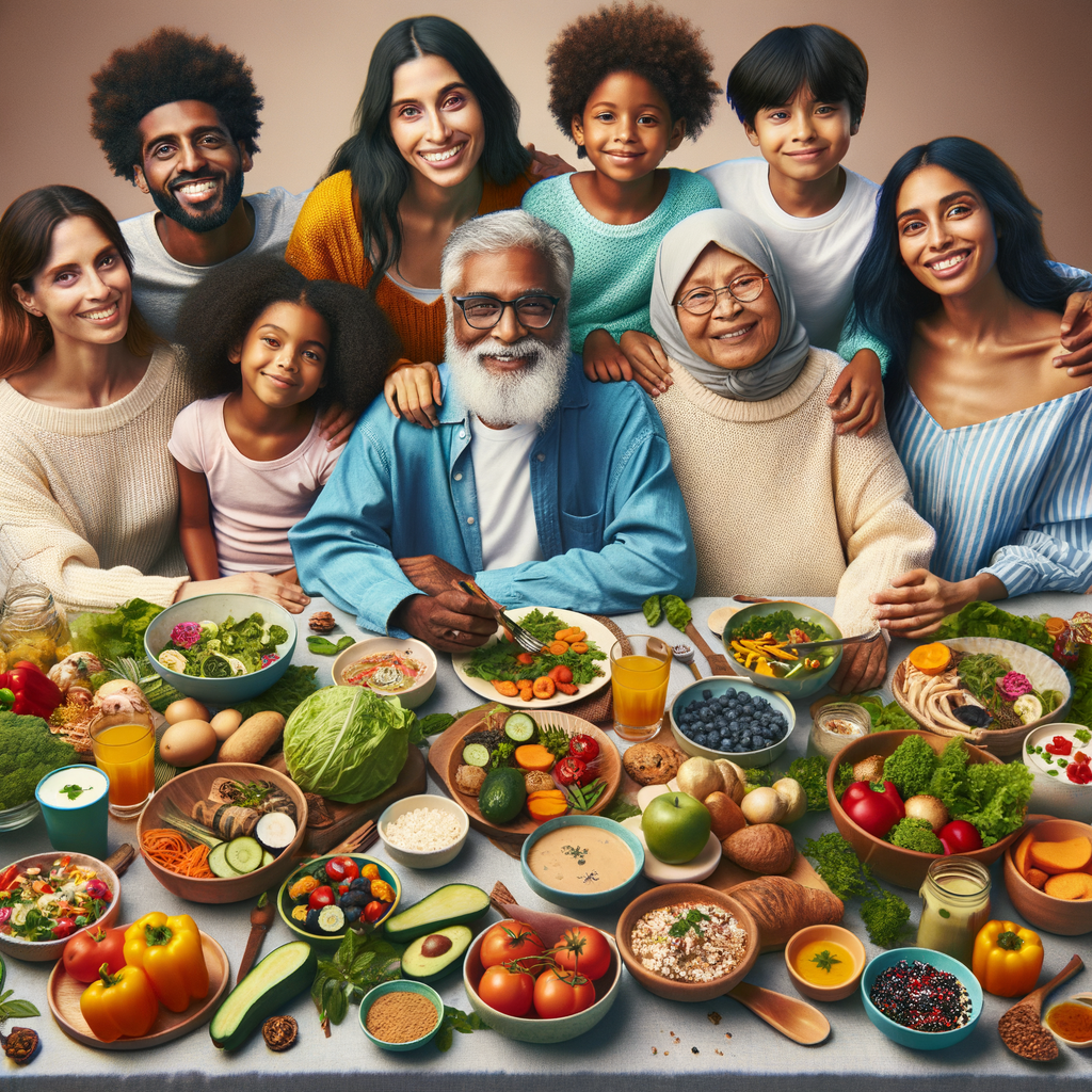 Large family enjoying affordable eco-friendly meals at a dinner table, showcasing budget-friendly sustainable food, cheap family meals, and green living meal ideas for healthy, low-cost sustainable food options.