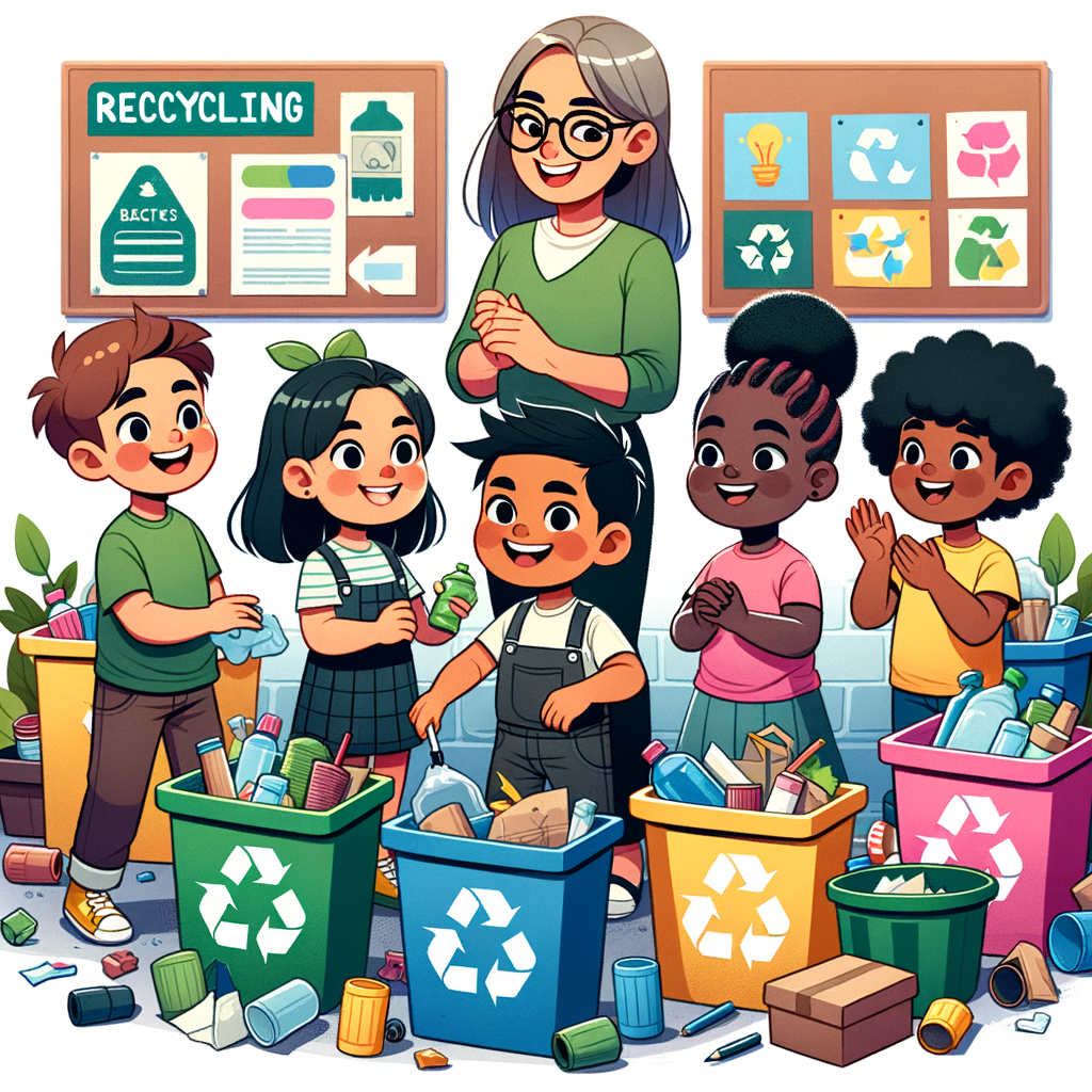 Diverse group of children engaging in fun recycling projects, learning about the importance of waste management, and recycling education under adult supervision - a perfect illustration for teaching kids about recycling.