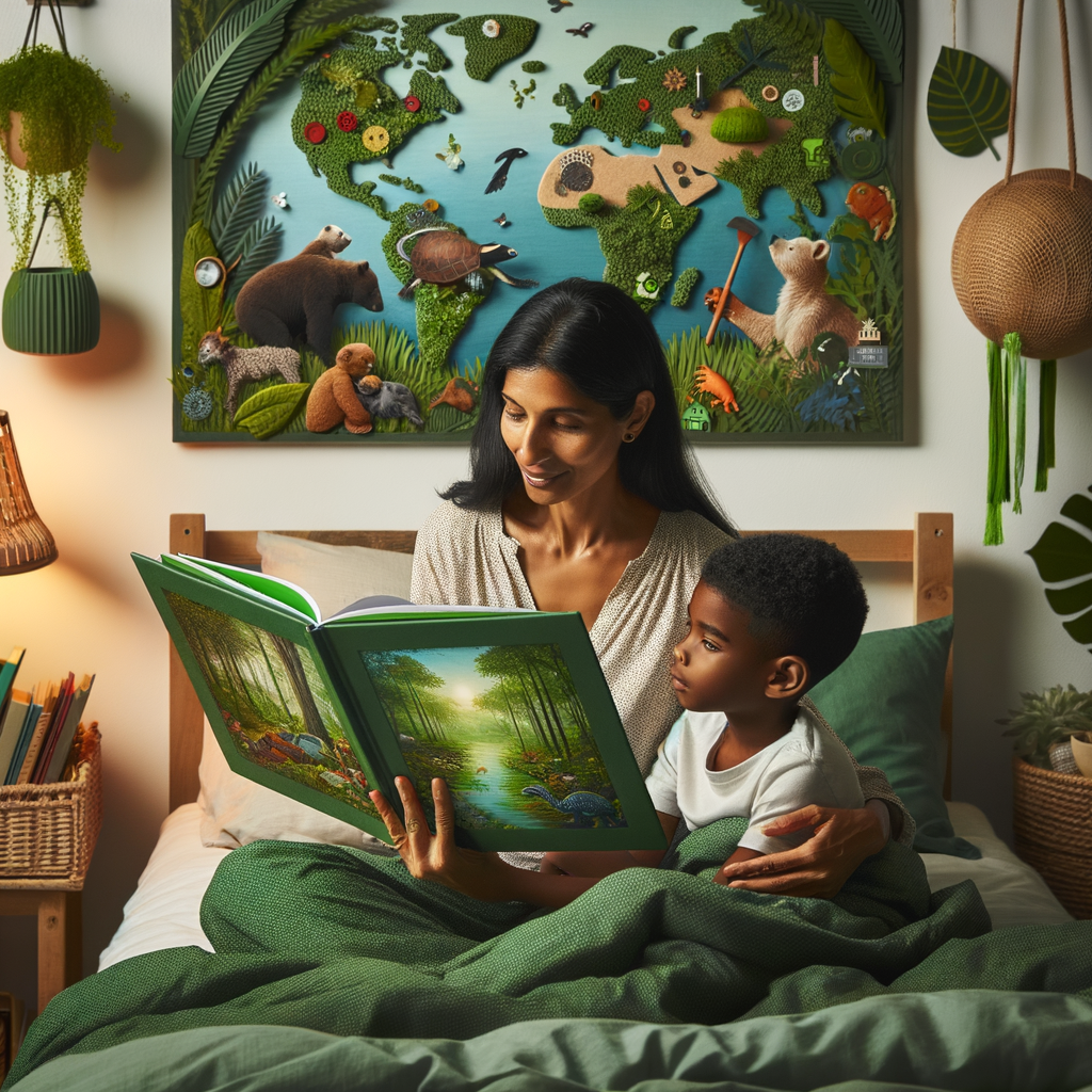 Mother reading eco-friendly children's book about nature and sustainability to her child at bedtime, promoting environmental education through storytelling