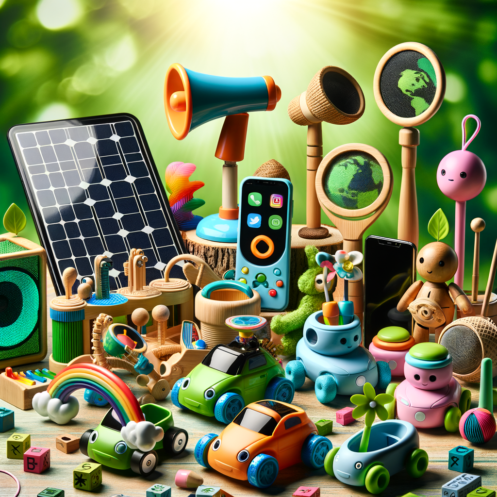 Eco-friendly gadgets for kids displayed, highlighting Earth-smart technology and green tech toys designed for eco-conscious children and promoting sustainable technology for children.
