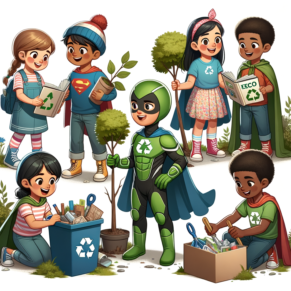 Diverse children as eco-action heroes engaging in eco-friendly activities for environmental education, promoting kids' environmental awareness and conservation, and raising eco-conscious children through green initiatives and sustainability lessons.